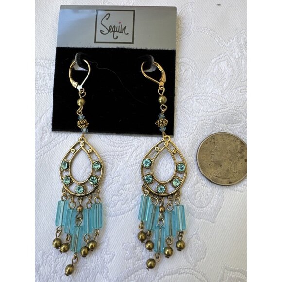 Nordstrom Sequin Pale Gold & Blue Beads Tassel Dangle Drop Earrings Teardrop NEW - Picture 1 of 10